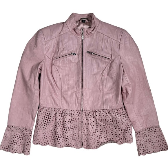 Pamela McCoy Pink Leather Laser Cut Zip Up Jacket - Picture 1 of 15